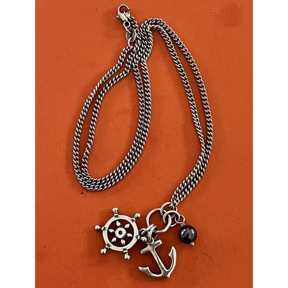 James Avery Retired Silver Anchors Aweigh Ship Wheel Anchor and Pearl Pendant - Picture 1 of 3